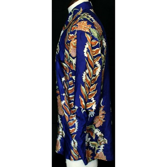 VTG 80s Hilo Hattie Men's Blue Shirt Size L Hawaiian Flowers Pocket 100% Silk - Picture 7 of 10